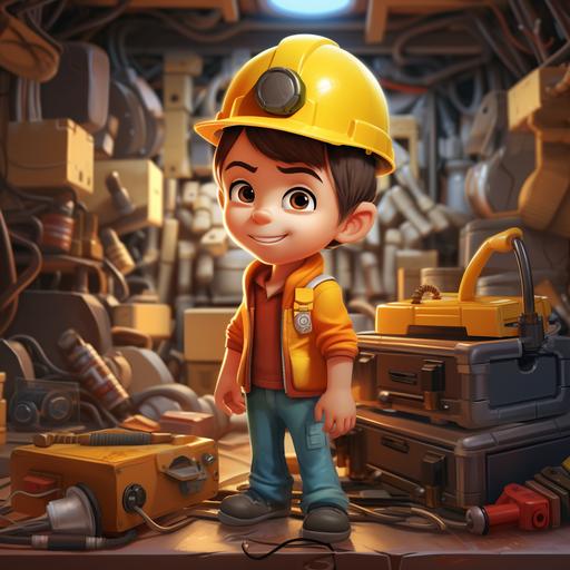 a young cartoon boy who is wearing hard yellow hat, near constraction equipment box of yellow constraction instrument at the same time he has wrench in hand looks like a young engineer and thinking a bit.
