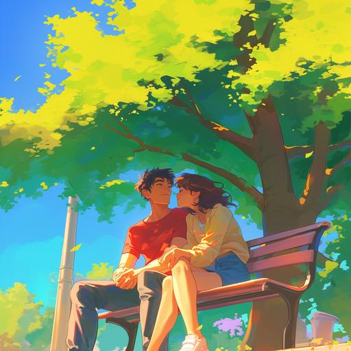 a young couple sitting on a park bench surrounded by trees. Sunny day. Romantic Vibes --niji 6