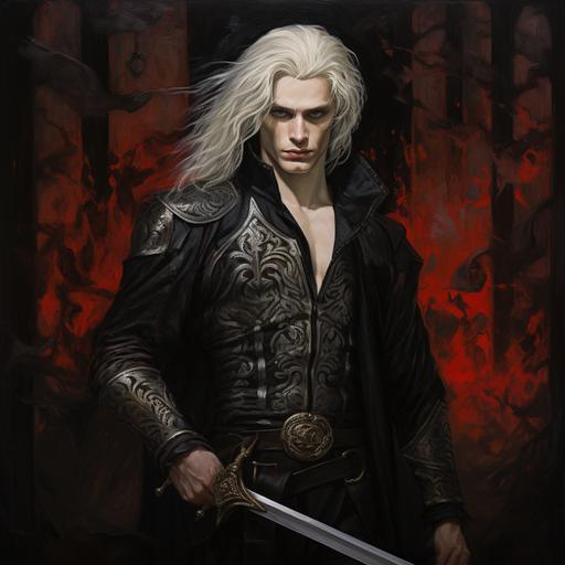 a young, emaciated, gaunt man with pure white skin, long silver-white hair and red eyes, dressed in black armor, holding a glowing red, six-foot long, ebony black sword, painted in a Renaissance, oil-painting style