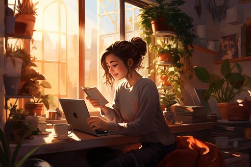 a young entrepreneurial girl making money with her laptop, sitting in a cozy, sunlit home office, filled with plants and motivational posters, the room bathed in warm, golden sunlight creating a serene and focused atmosphere, a realistic digital art style highlighting the girl's determined expression and the intricate details of her workspace --ar 3:2