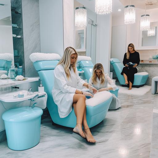 a young fancy blonde woman sitting in a aqua blue pedicure chair barefoot while a woman with beige uniform it's on her knees looking at the blonde girl feet doing a pedicure for her. They're inside a salon made of marble and white lights --v 5.0