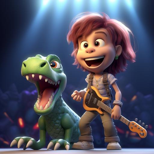 a young female girl with gaps in her teeth and her dinosaur friend play in a band together on stage. pixar style characters, funny hair, action poses as if they are perforing live music