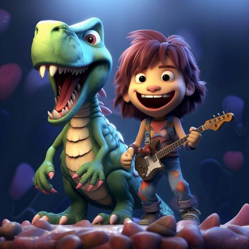 a young female girl with gaps in her teeth and her dinosaur friend play in a band together on stage. pixar style characters, funny hair, action poses as if they are perforing live music. jump kick, stage dive, fast motion, fun looking time performance on stage punk rock concert performance.