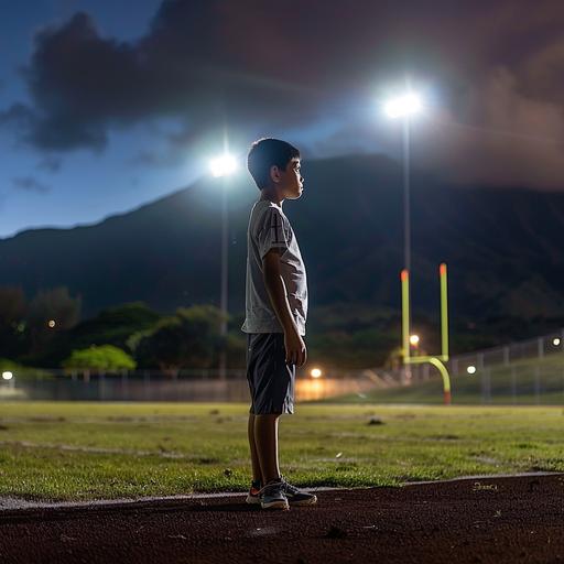 a young football player standing on a football field at night with lights. hawaiis mauna kea is in the background. beautiful lighting, heavy bokeh award winning image
