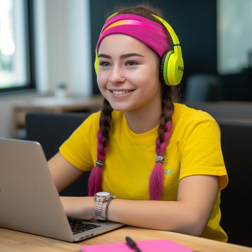 a young gen z peron wearing neon yellow and pink sweat bands making a presentation on their laptop smiling --v 5.0