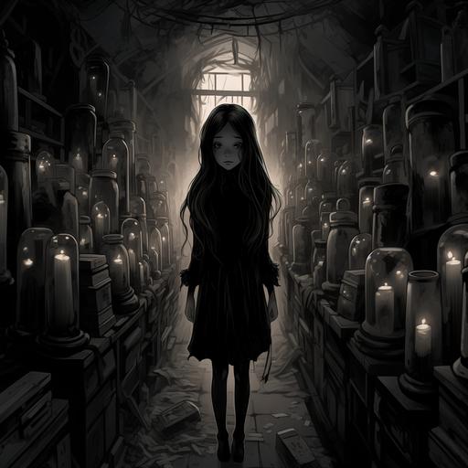 a young girl dressed in victorial black dress with jet black hair blowing in the wind holds a lit candle as she walks through a store room of open coffins graveyard rendered in a gothic black and white line drawing style