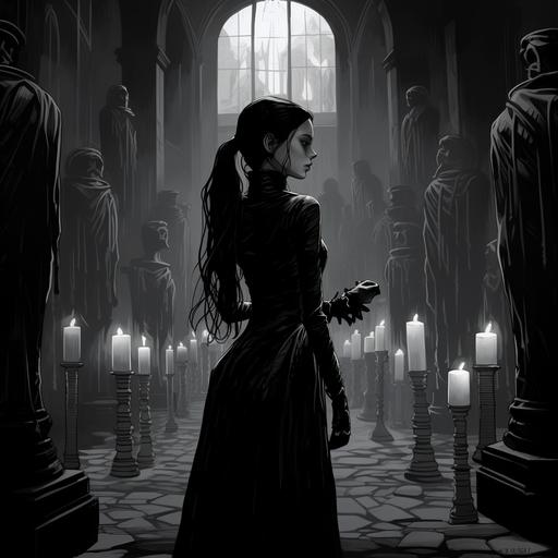 a young girl dressed in victorial black dress with jet black hair blowing in the wind holds a lit candle as she walks through a store room of open coffins graveyard rendered in a gothic black and white line drawing style