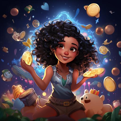 a young girl with curly black hair and black eyes with an adventurous spirit, holding a shiny coin in one hand and a piggy bank in the other. The background should depict a vibrant and magical world filled with floating coins, dollar signs, piggy banks, and colorful money-related illustrations. Use bright and inviting colors