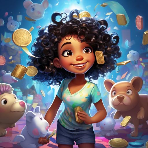 a young girl with curly black hair and black eyes with an adventurous spirit, holding a shiny coin in one hand and a piggy bank in the other. The background should depict a vibrant and magical world filled with floating coins, dollar signs, piggy banks, and colorful money-related illustrations. Use bright and inviting colors