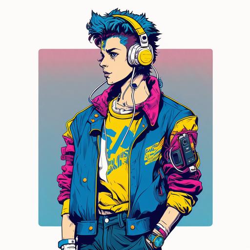 a young guy standing tall and bold in bright 80s sportswear and an 80s headphone player anime style