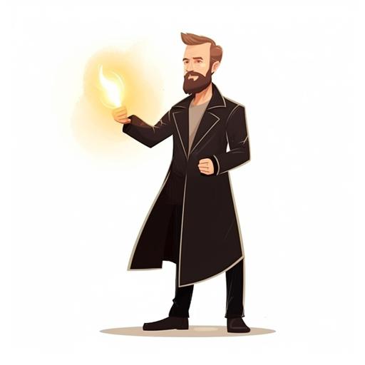a young handosme man with a light beard in black overcoat holding a lightning bolt like zeus , cartoon, simple realistic