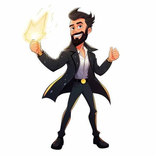 a young handosme man with a light stuble beard in black overcoat holding a lightning bolt like zeus, cartoon, black hair and black light beard, simple realistic, happy