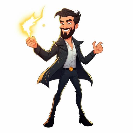a young handosme man with a light stuble beard in black overcoat holding a lightning bolt like zeus, cartoon, black hair and black light beard, simple realistic, happy