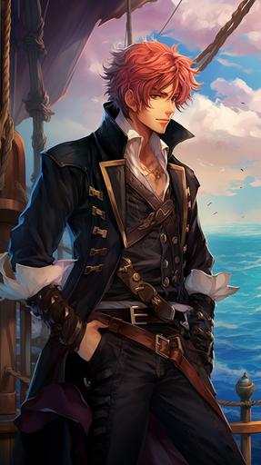 a young handsome red haired pirate man with a scruffy beard, leaning on the railing of a pirate ship, starring at the vast beautiful ocean, colorful, beautiful ocean, blue eyes, anime style, manga art, manga cover, --ar 9:16
