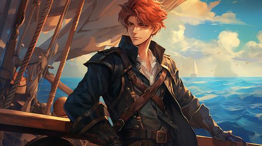 a young handsome red haired pirate man with a scruffy beard, leaning on the railing of a pirate ship, starring at the vast beautiful ocean, colorful, beautiful ocean, blue eyes, anime style, manga art, manga cover, --ar 16:9
