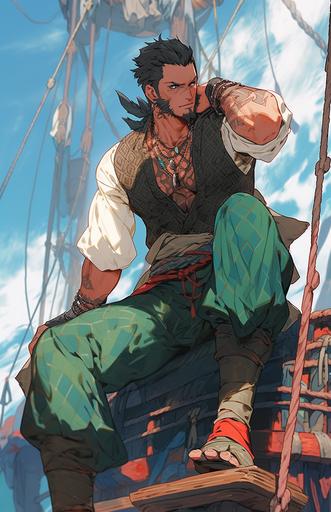 a young handsome red haired pirate man with a scruffy beard, leaning on the railing of a pirate ship, starring at the vast beautiful ocean, colorful, beautiful ocean, blue eyes, anime style, manga art, manga cover:: clear monochromatic background, colorful art, anime character, uplifting, anime art, Eiichiro Oda style, Eiichirō Oda style art,original character, masterpiece art, full body picture, upper body picture, character art, dynamic pose, well drawn --ar 57:88 --niji 5