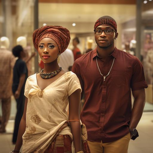 a young igbo woman a young yoruba man a sophisticated young woman and man backdrop is a busy mall