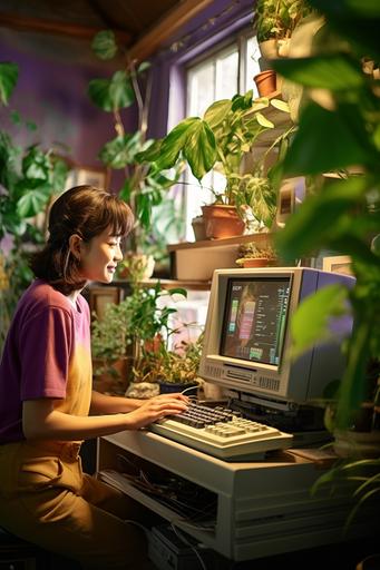 a young japonese woman is using and old computer. She is wearing a purple tshirt, looking like as 1970 style and she is so happy. The room is old and have a lot of plants and books. Use wide angle, grainy photo style, 1970s era and a day light mode. Use olive green collor only in the details --ar 2:3