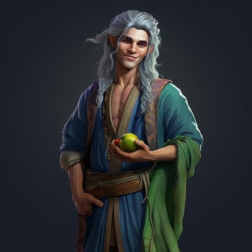 a young male elf character with long blue hair and green eyes. Long ears. A long light blue tunic with golden edges closed by purple cloth belt. An Apple in the hand. He’s smiling with a stupid face. CGI. Fullbody. High details