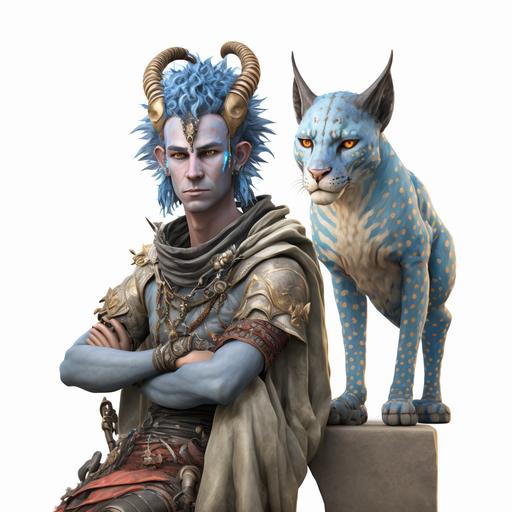 a young male tiefling druid with bluish skin and horns on his head, standing next to a cheetah, 3d model, isolated, v4