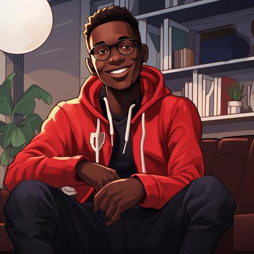 a young man, black, wearing a red hoodie, leaning forward torwards the camera, big teeth smile, black jeans, sitting on a couch in a startup office, red, wearing glasses, smart, harvard graduate, behind him hangs a big television on the wall, anime style, drawn, startup vibes, business