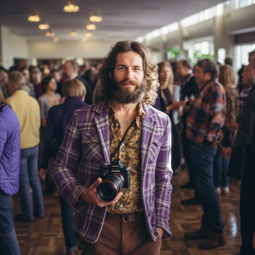 a young man wearing 1970s style purple plaid shirt taking photos with professional camera of a full house event. Use wide angle, grainy photo style, 1970s era and a day light mode. Use purple collor only in the details