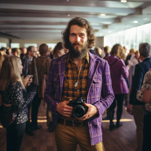 a young man wearing 1970s style purple plaid shirt taking photos with professional camera of a full house event. Use wide angle, grainy photo style, 1970s era and a day light mode. Use purple collor only in the details