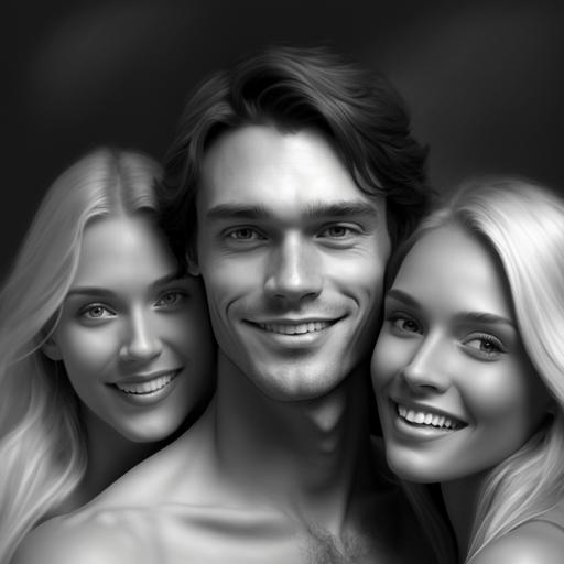 a young man with two beautiful girls, smiling, wearing bikin