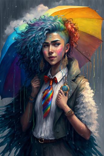 a young non-binary Thai Seraphim dressed in rainbow colors dancing in the rain with a blue-grey tie-dye background, soft natural makeup,  , fantasy steampunk pin-up --ar 2:3 --v 4 --q 2