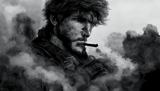 a young solid snake from metal gear solid smoking a cigarette, gun on back, highly detailed, photo realistic, highly detailed, anatomically correct, in focus, proper shapes, mountains sky rain, manga style, comic book pane, divided, black and white, 4K —ar 16:9