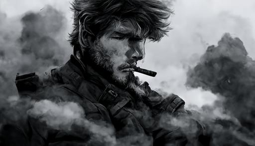 a young solid snake from metal gear solid smoking a cigarette, gun on back, highly detailed, photo realistic, highly detailed, anatomically correct, in focus, proper shapes, mountains sky rain, manga style, comic book pane, divided, black and white, 4K —ar 16:9