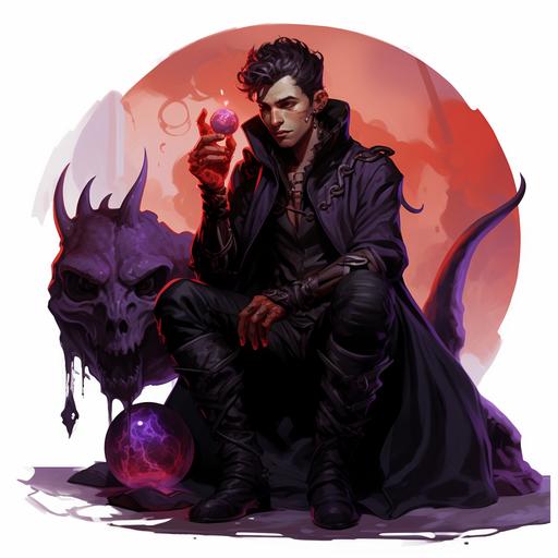 a young tiefling male warlock with large horns and cloak, red skin, purple skin, demonic tail, tiefling race, demonic skin, dungeons and dragons, black sphere familiar floating, pet demon perched on shoulder, Robert Campin style painting, floating black orb with comically large eyes floating in the background, orb patron sitting on shoulder, warlock, dnd, red embroidery, magic, silly, fun, renaissance, old painting, classical painting, 3d drawing, dynamic lighting, 8k, medieval, demonic, burning field background, black scar on face