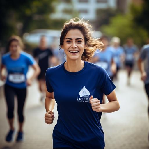 a young turkish woman with a dark blue t-shirt running, marathon, full body shot, 100mm lens, realistic, predominantly blue and white, hq, 4k --v 5.2