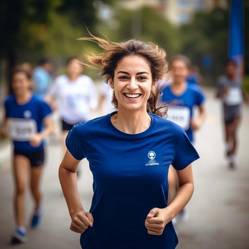 a young turkish woman with a dark blue t-shirt running, marathon, full body shot, 100mm lens, realistic, predominantly blue and white, hq, 4k --v 5.2
