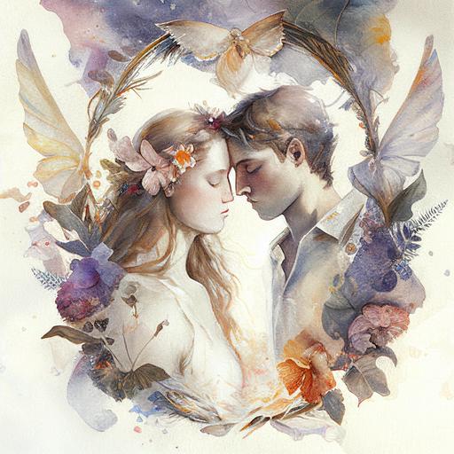 a young white couple is kissing against a background of flowers, angels, butterflies and ribbons and put it in the centre of heaven and draw it in style of watercolour --q 2 --s 750