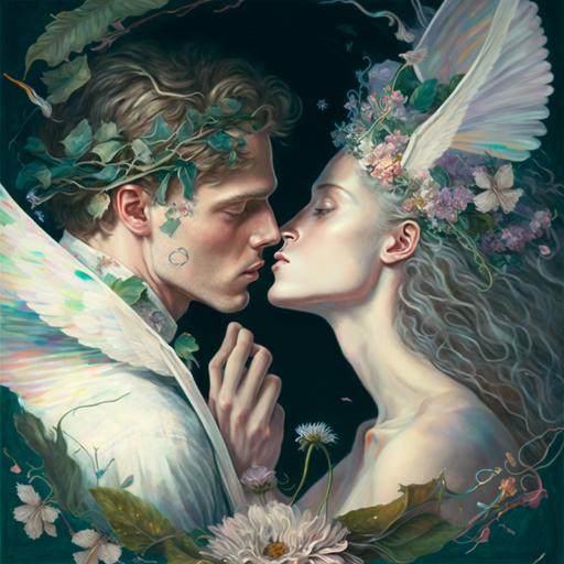 a young white couple is kissing against a background of flowers, angels, butterflies and ribbons and put it in the centre of heaven --q 2 --s 750