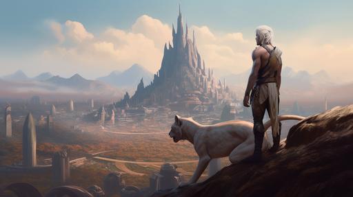 a young white-haired man dressed in rawhide and skins like a native american accompanied by a large mountian lion patterned like a siamese cat crouches on the peak of a hill and looks ahead towards the ruins of a futuristic metropolitan city --ar 16:9 --q 2 --v 5