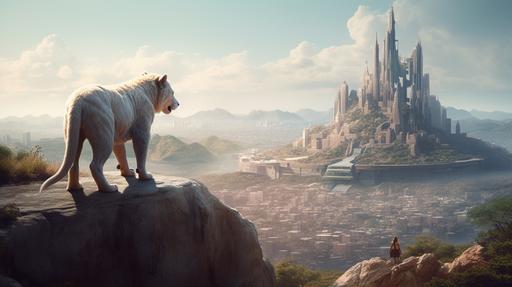 a young white-haired man dressed in rawhide and skins like a native american accompanied by a large mountian lion patterned like a siamese cat crouches on the peak of a hill and looks ahead towards the ruins of a futuristic metropolitan city --ar 16:9 --q 2 --s 1000 --v 5