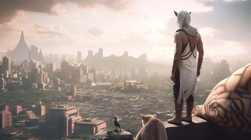 a young white-haired man dressed like a native american accompanied by a large puma patterned like a siamese cat crouches on the peak of a hill and looks ahead towards the ruins of a futuristic metropolitan city --ar 16:9 --q 2 --v 5
