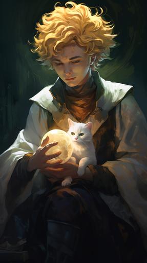 a young wizard with short blond curly hair, character art --ar 9:16