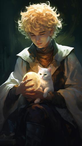 a young wizard with short blond curly hair, character art --ar 9:16