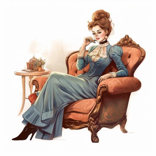 a young woman cartoon character wearsbeautiful late Victorian indoor clothing sits on settee