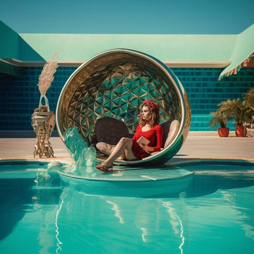 a young woman dressed in a mermaid costume, sitting in a large clamshell chair in the middle of a swimming pool