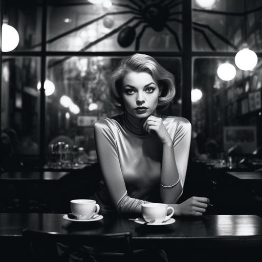 a young woman drinking a cup of coffee in a restaurant. night. city lights from the street. pictures of spiders on the walls. helmut newton style.