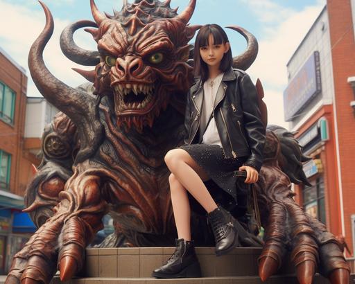 a young woman in a leather skirt is posing on sculptures in front of a demon, in the style of realistic hyper-detailed rendering, chinapunk, vray, hyper-realistic pop, photo-realistic, leather/hide, charming anime characters *sloth wizardry* --ar 64:51