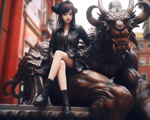 a young woman in a leather skirt is posing on sculptures in front of a demon, in the style of realistic hyper-detailed rendering, chinapunk, vray, hyper-realistic pop, photo-realistic, leather/hide, charming anime characters *sloth wizardry* --ar 64:51