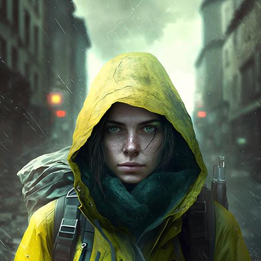 a young woman looks in to the camera, she is determined, she wears a yellow rain jacket with a hood, she is in a deserted city, it is raining, she has a huge backpack on with lots of attachments, there is smoke rising in the distance, she has bright green eyes