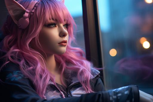 a young woman wearing pink hair and kitty ears sitting on a window ledge, in the style of light black and dark azure, books and portfolios, light violet and dark orange, close-up, horia bernea, kuromicore, foampunk --ar 128:85 --q 2 --s 250