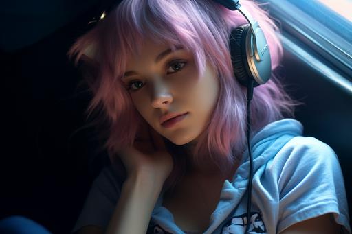 a young woman wearing pink hair and kitty ears sitting on a window ledge, in the style of light black and dark azure, books and portfolios, light violet and dark orange, close-up, horia bernea, kuromicore, foampunk --ar 128:85 --q 2 --s 250