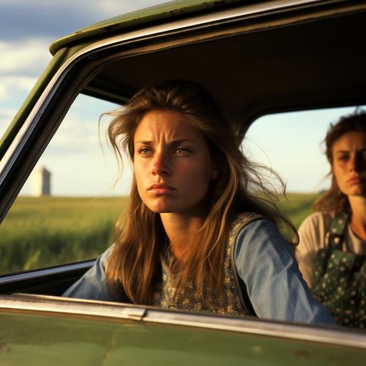 a young woman with brunette hair behind the wheel of a green 1970's Volvo station wagon looks side eye a a woman with salt and pepper hair gesticulating seriously and with righteous fury, as they drive an old highway, north to Virginia. Out the passenger window: rolling fields with intermittant bails of hay and occassional square fields of corn or cotton or soybeans. Out the driver's window: the median, suffuse with wild flowers of every vivid color imaginable. Hyper realism. Color-graded Arri Alexa SXT. Cinematagraphor's touch. Classic, yet modern and aware.